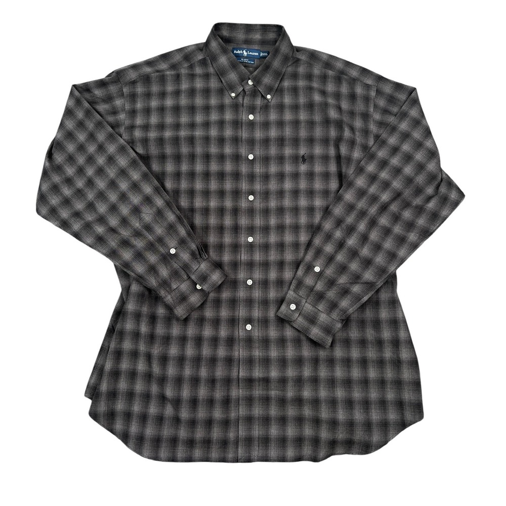 Ralph Lauren Button Down Shirt Men XXL Gray Plaid Silk Cotton Blake Long Sleeve
